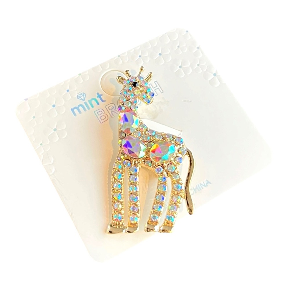 Giraffe Figural Pin 2" Gold Tone AB Iridescent Rhinestone Crystal Brooch